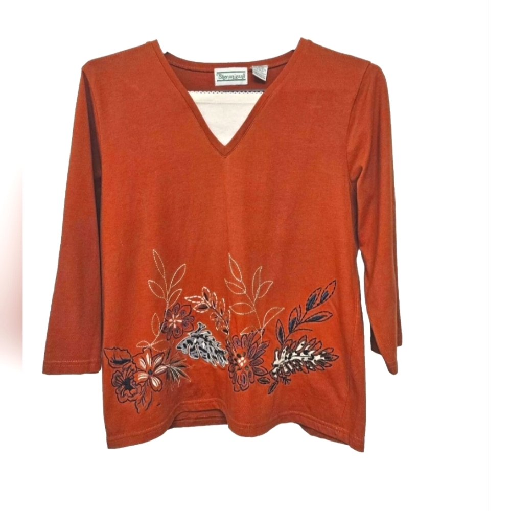 Shenanigans 3/4 Sleeve Embroidered Top Size Autumn Fall Rust Leaves Vintage 90s?
